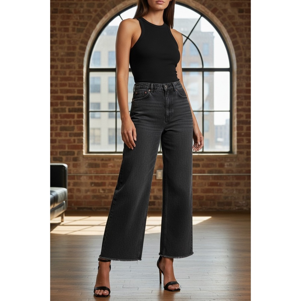 ZARA The 90s Washed Black Wide Leg Jeans Raw Hem 100% Cotton 27x32 Tall